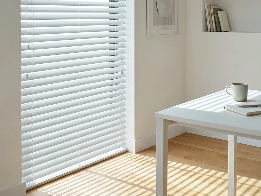 White aluminium venetian blind tilted to lay striped light across a timber floor