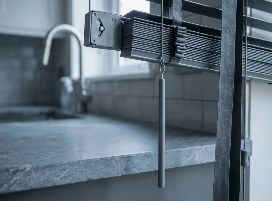 Close-up of a blind headrail, tilt mechanism and control wand during a service visit