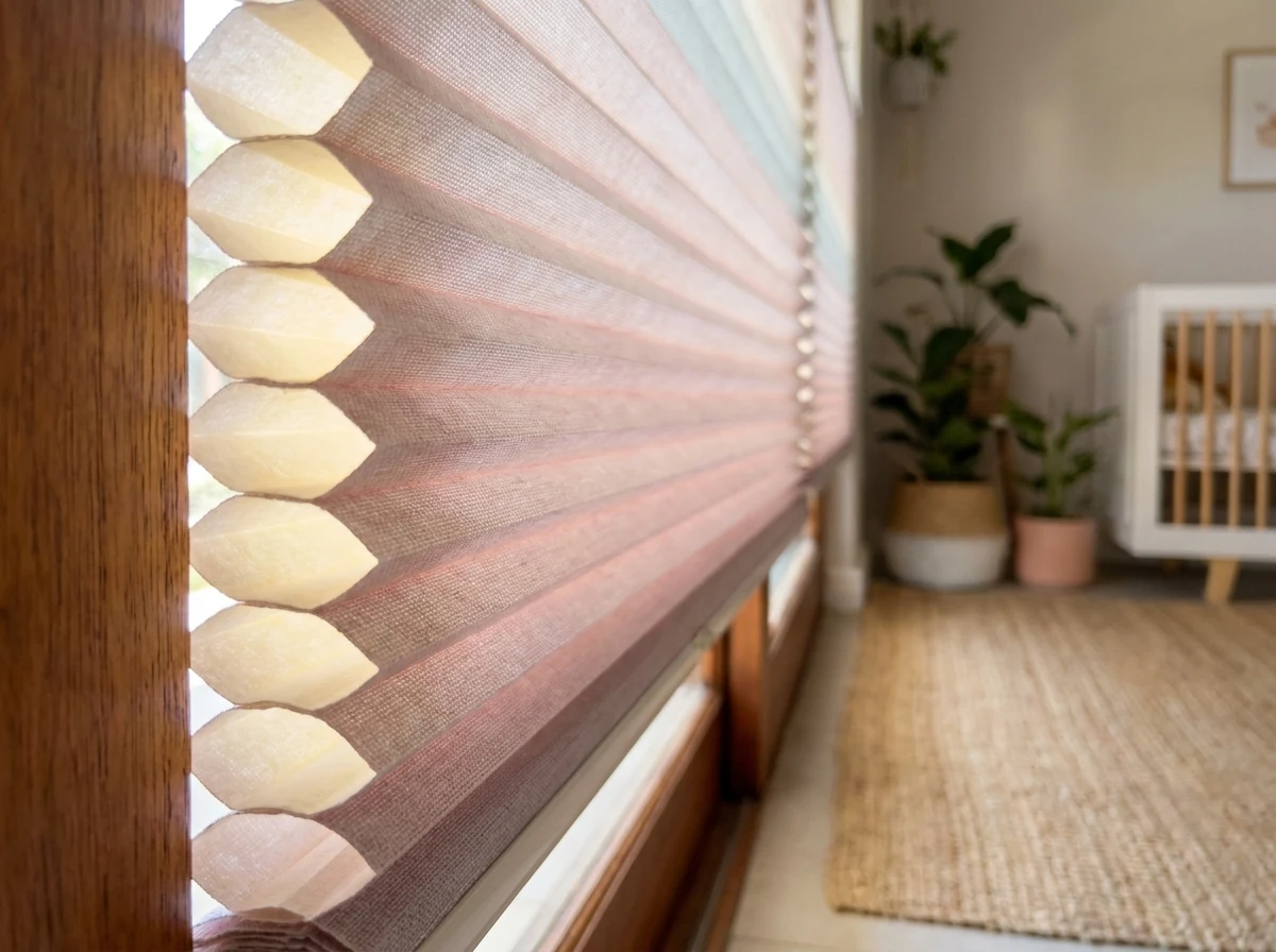 Cut-away of a cellular honeycomb blind's insulating air cells in a nursery window, West Rand family home