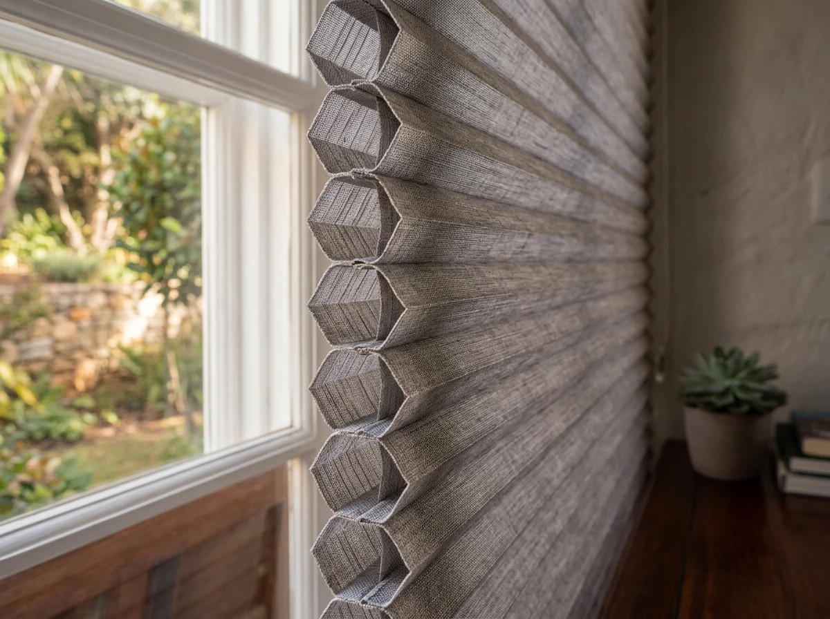 Macro close-up of a cellular honeycomb blind's hexagonal fabric cells in a Featherbrooke Estate home