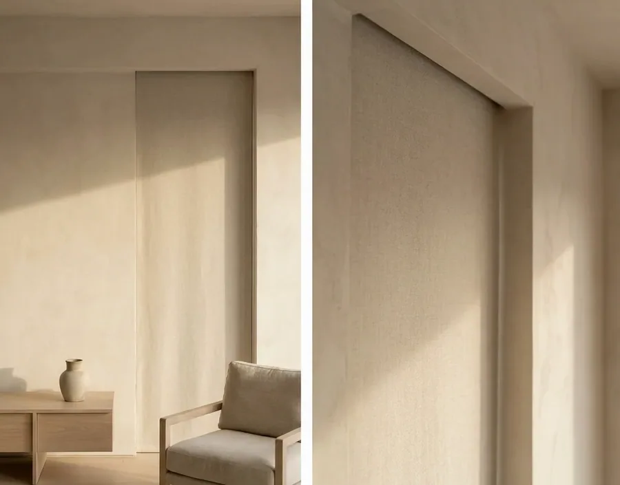 Concealed blind dropping from a recessed ceiling slot with no visible headbox