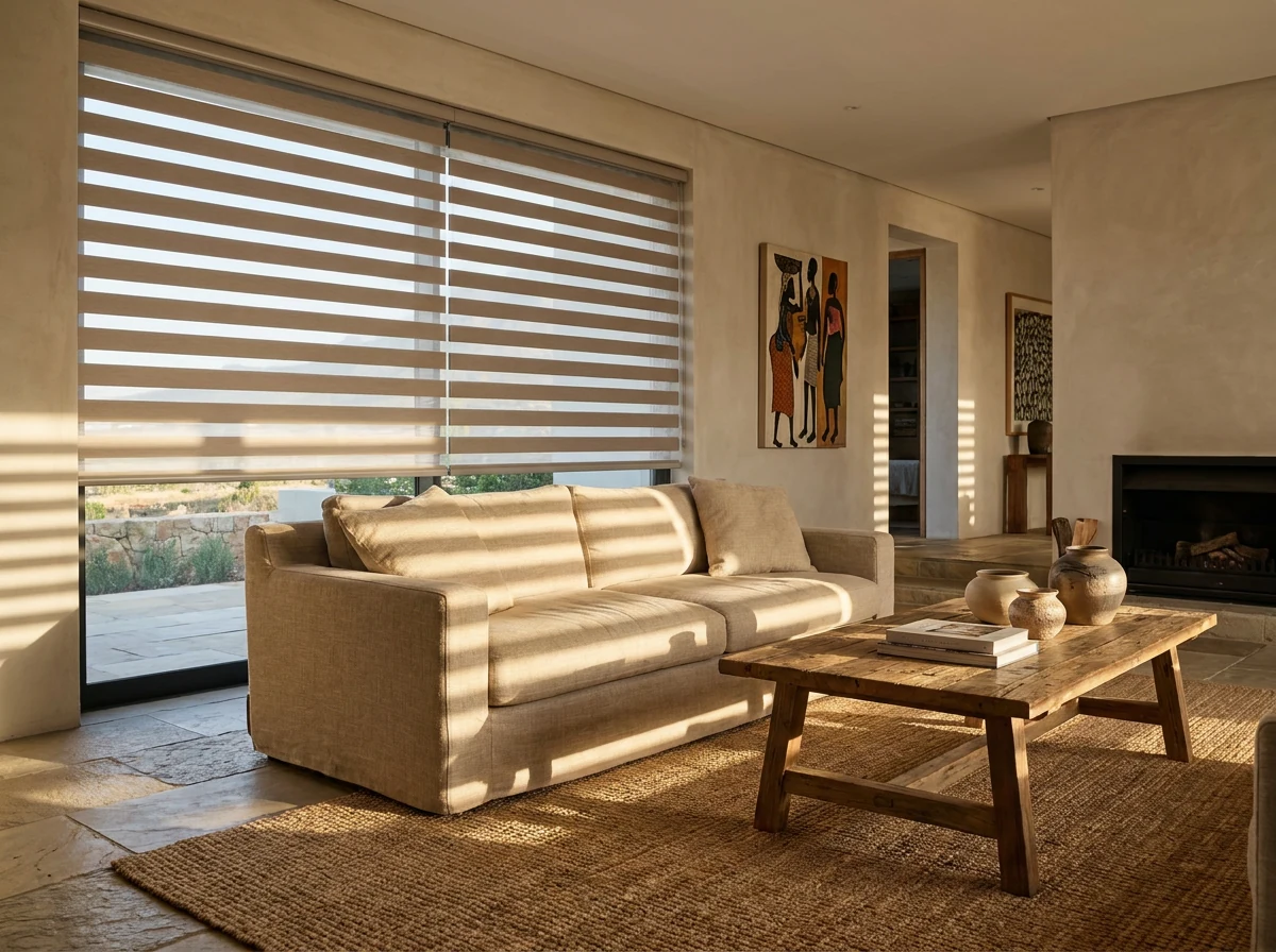 Day/night blind with alternating sheer and solid bands across a lounge window in a Featherbrooke Estate home
