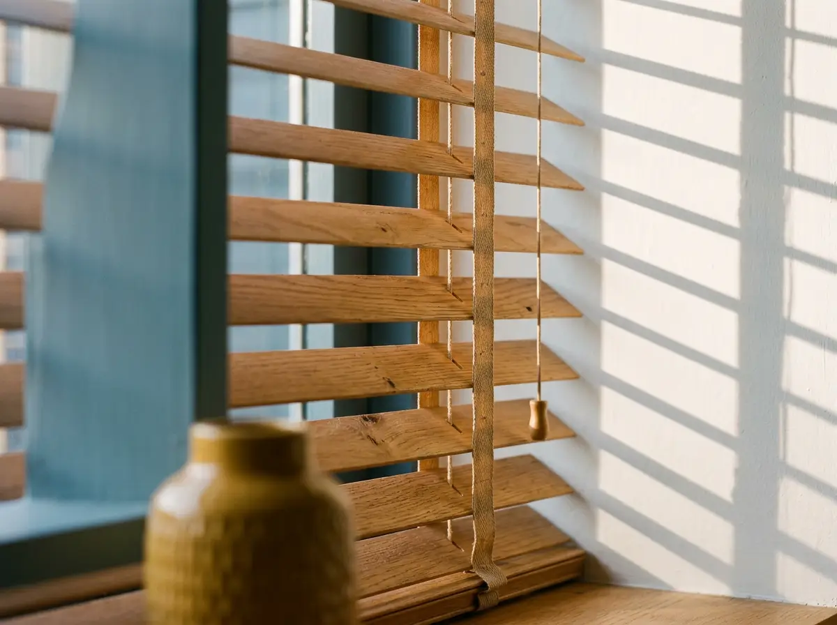 Close-up of timber venetian slats and ladder tape with afternoon light striping the wall