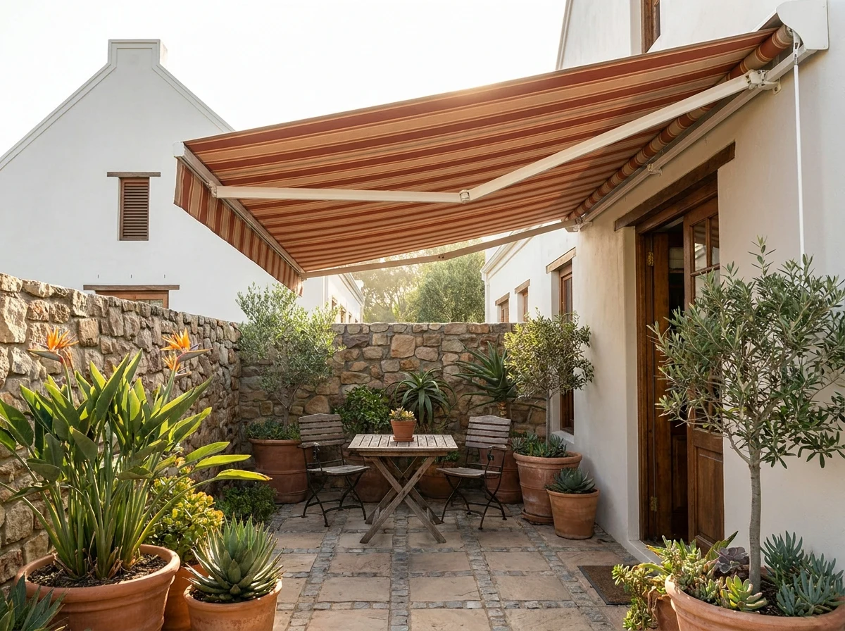 Folding-arm awning extended over a small courtyard patio with potted plants