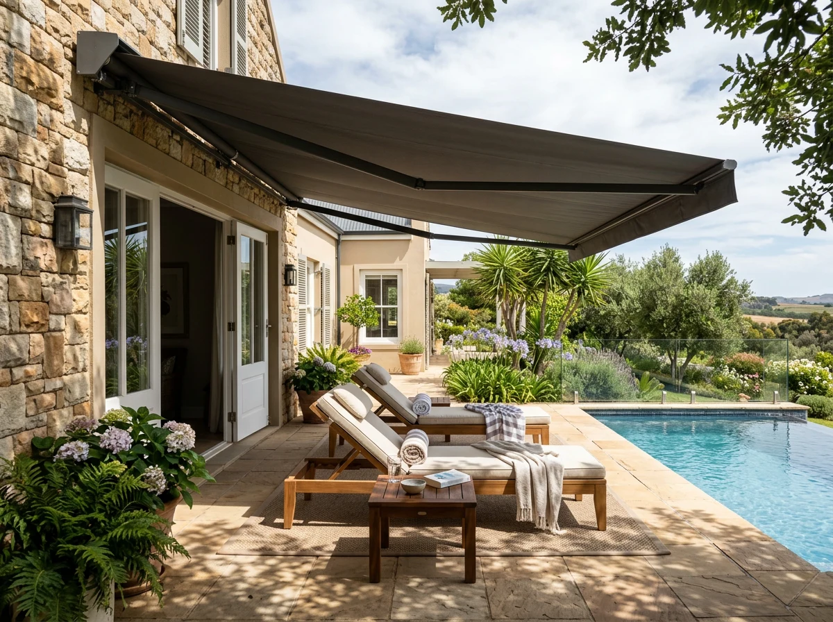 Folding-arm awning extended over a poolside patio, dappled shade across sun loungers