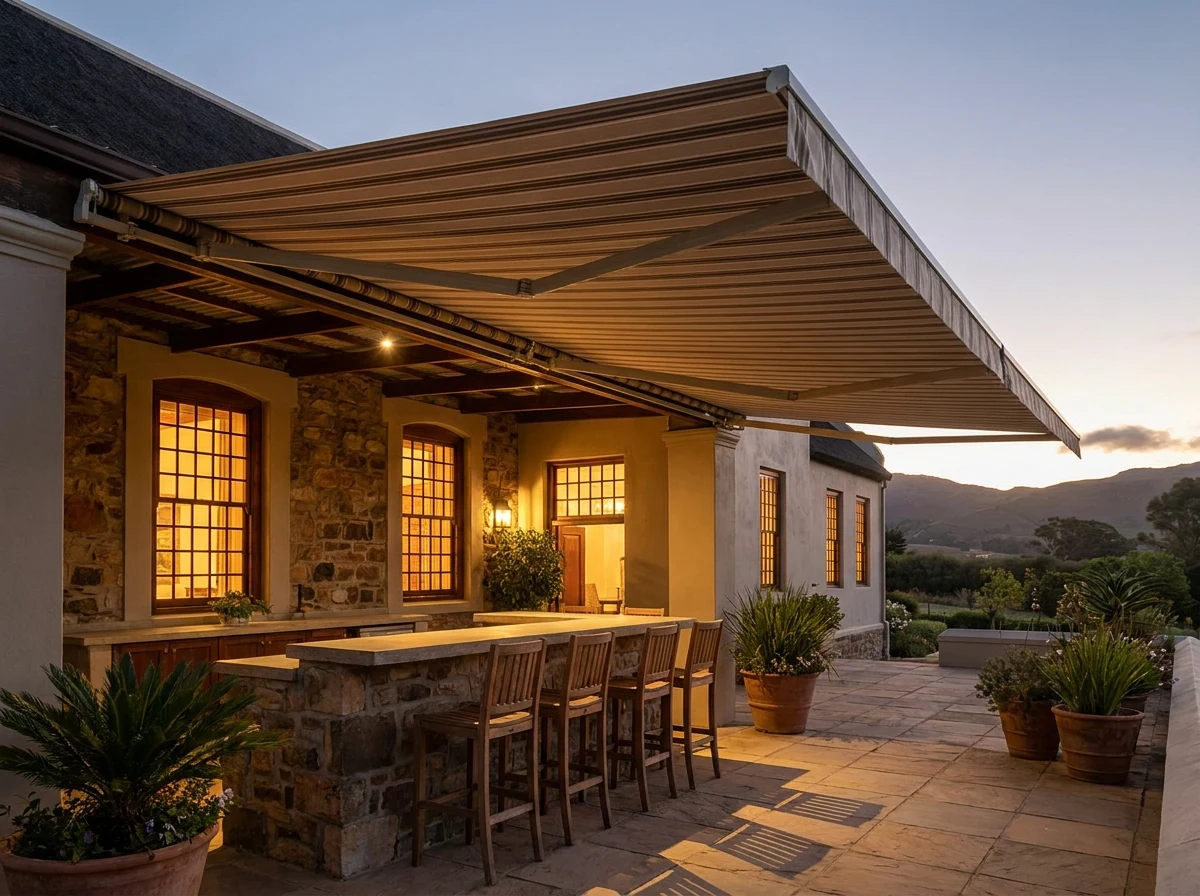 Folding-arm awning extended over an entertainment patio with a built-in bar counter