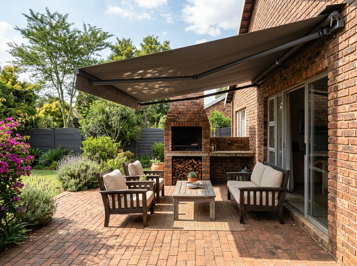 Folding-arm awning extended over a side patio with a built-in braai and seating nook
