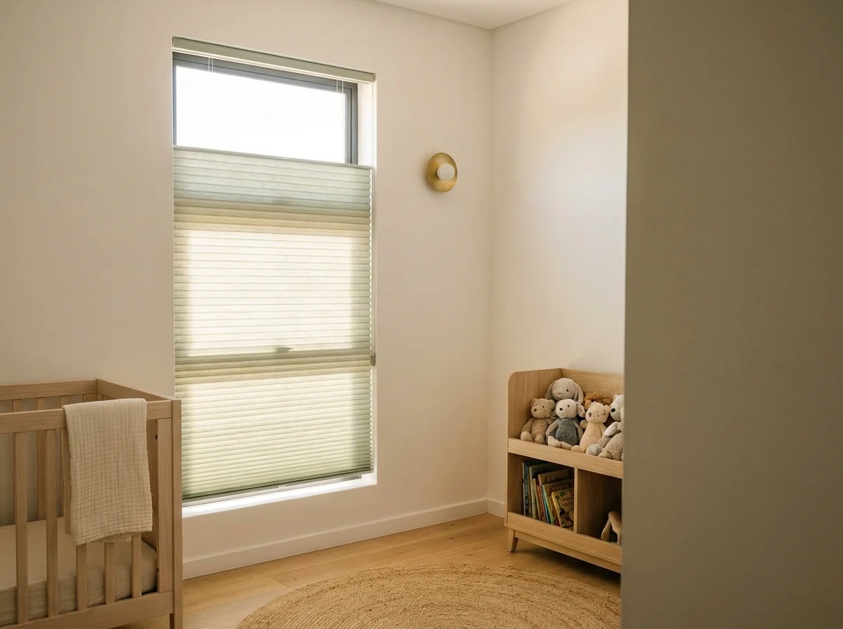 A cordless cellular honeycomb blind in pale sage lowered two-thirds down a nursery window in a Featherbrooke Estate home, a light timber cot alongside and no chain within reach