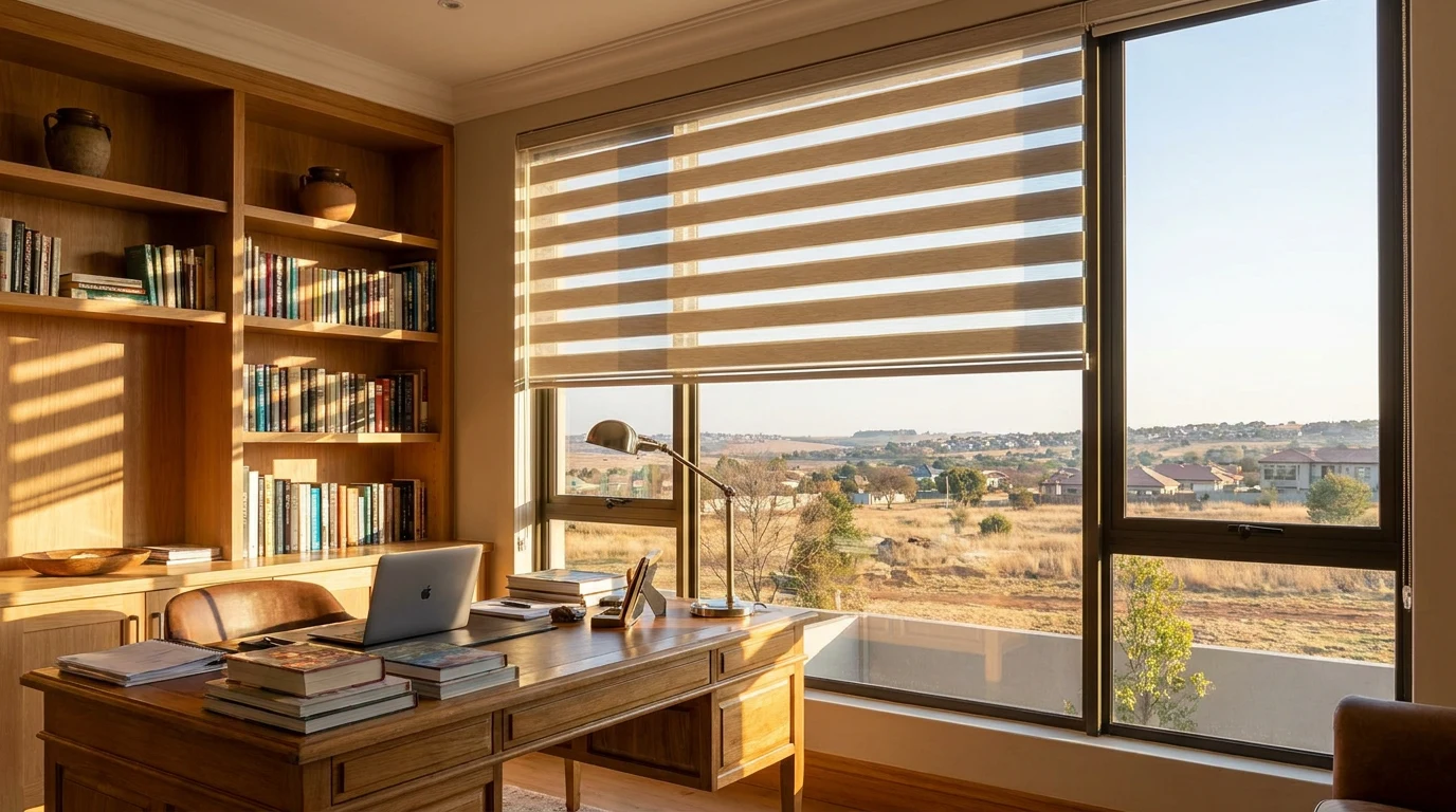 A day/night blind with alternating sheer and solid fabric bands lowered over a home-office window, afternoon light filtering through the sheer bands onto the desk