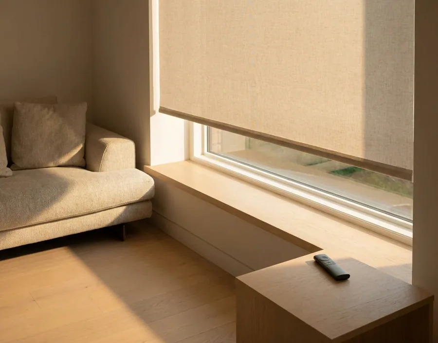 Motorised roller blind lowered by remote control in a quiet living corner