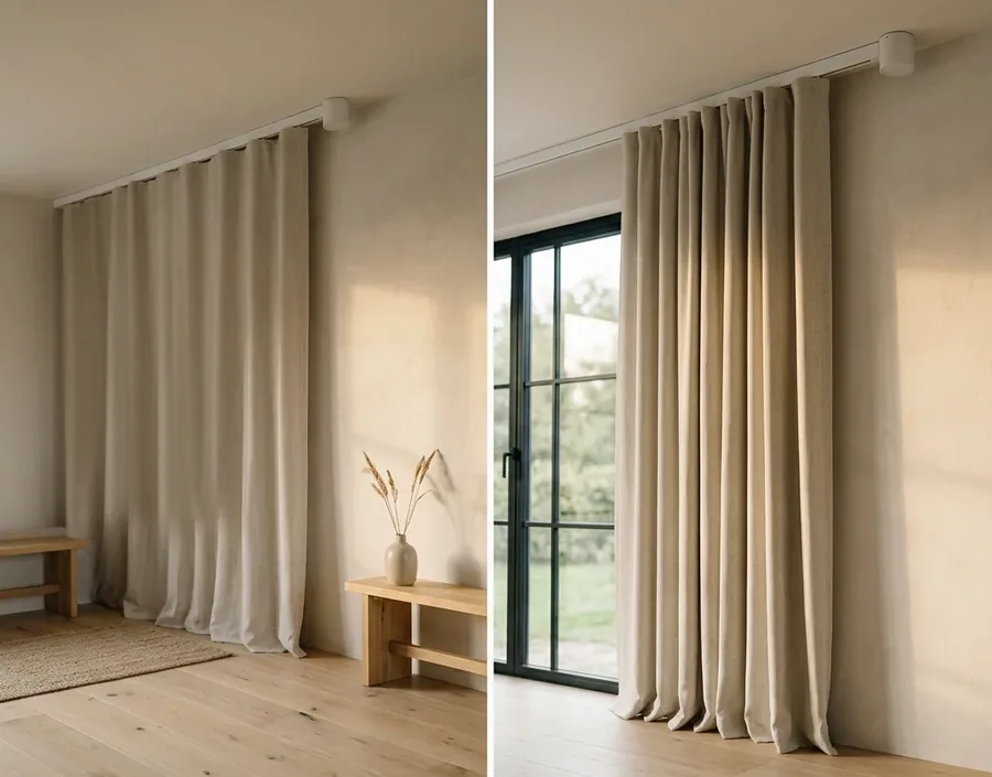 Motorised curtain track carrying floor-length curtains across a wall of glass