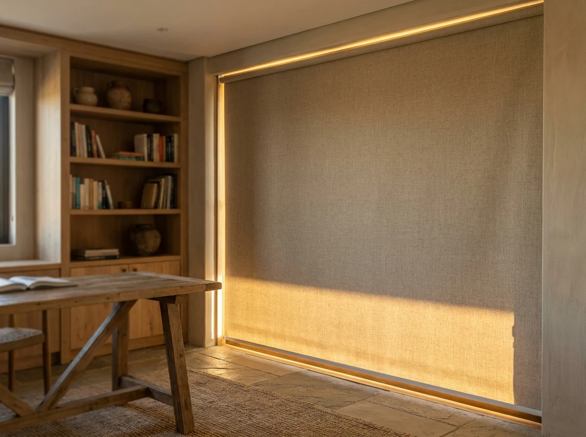 Blockout roller blind lowered over a home-office window in a West Rand family home