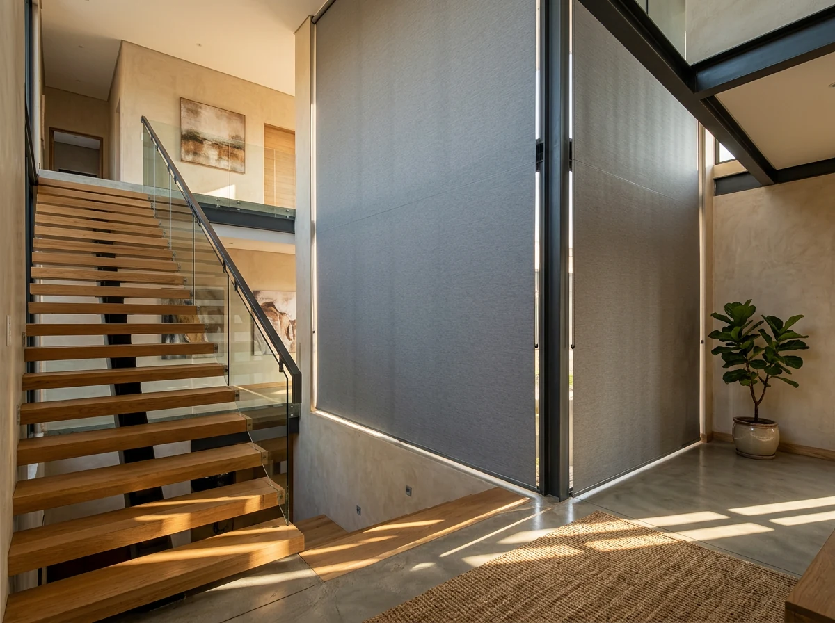 Blockout roller blind lowered over a stairwell window in a Featherbrooke Estate home