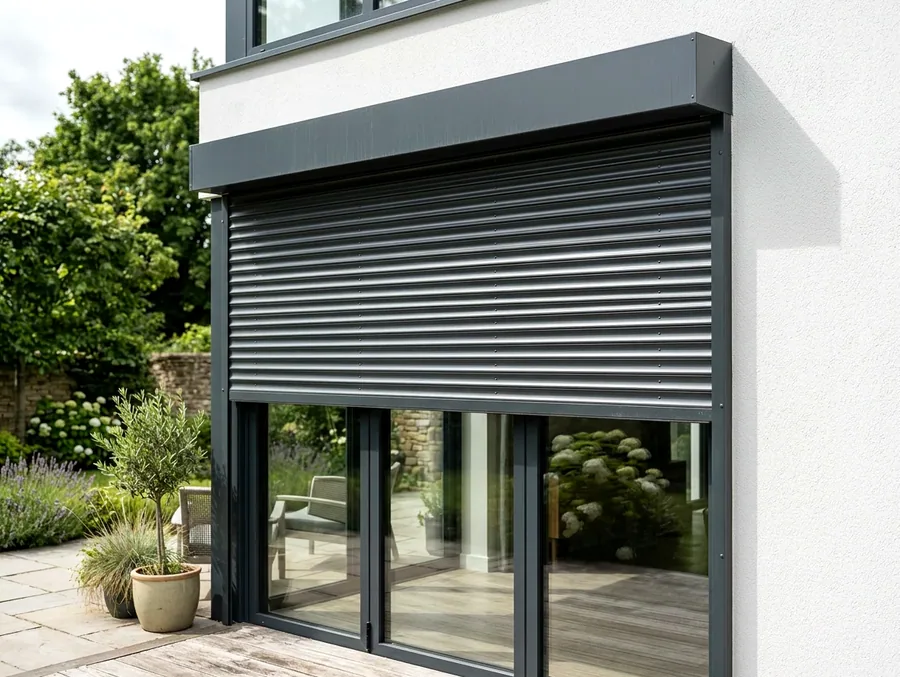 External aluminium roller shutter rolled down over patio sliding doors for shade