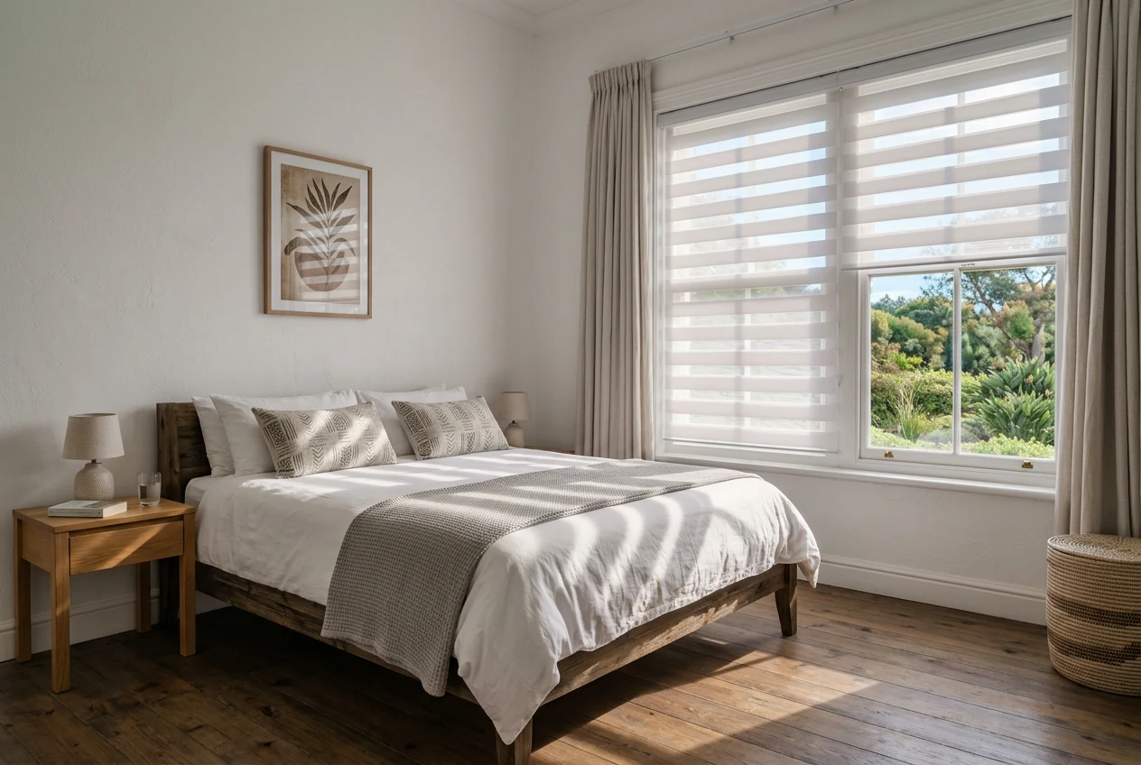 Day/night blind in a guest bedroom, its bands turned to filter soft afternoon light across the bed and floor