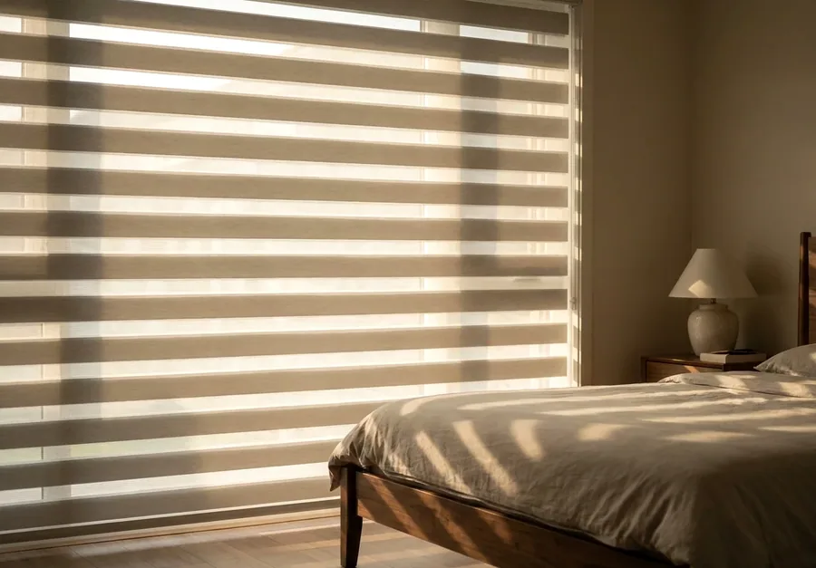 Day/night blind in a main bedroom, its bands turned to lay soft light across the floor