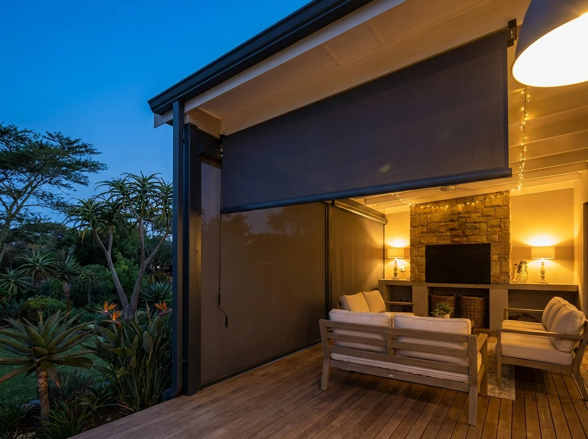 Outdoor zip screens lowered along a covered patio at dusk, warm light spilling from the house onto the braai area