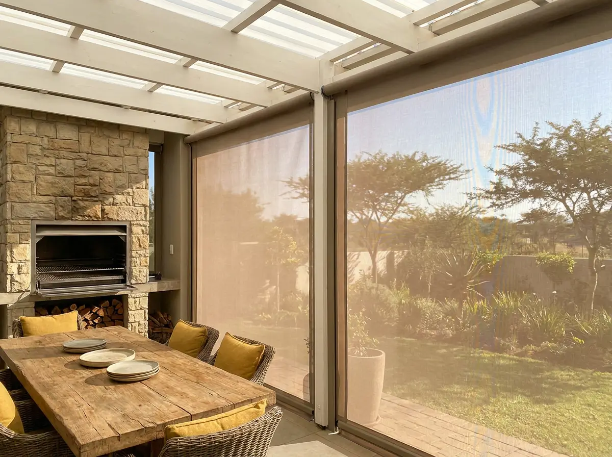 Outdoor zip screens dropped down the side of a covered braai patio on a West Rand estate home