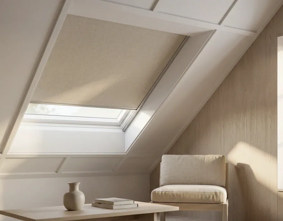 Skylight blind fitted to a sloped roof window in an upstairs room