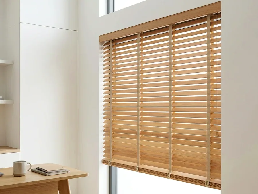 Timber venetian blind with natural wood-grain slats on a tall double-volume window