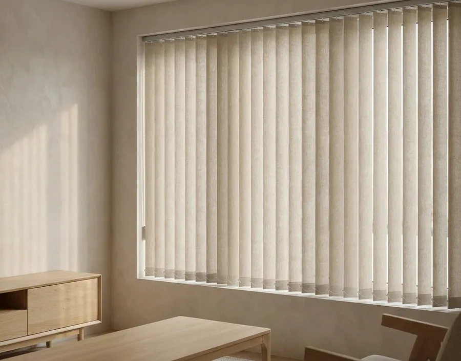 Vertical blind vanes drawn across a wide window onto the garden